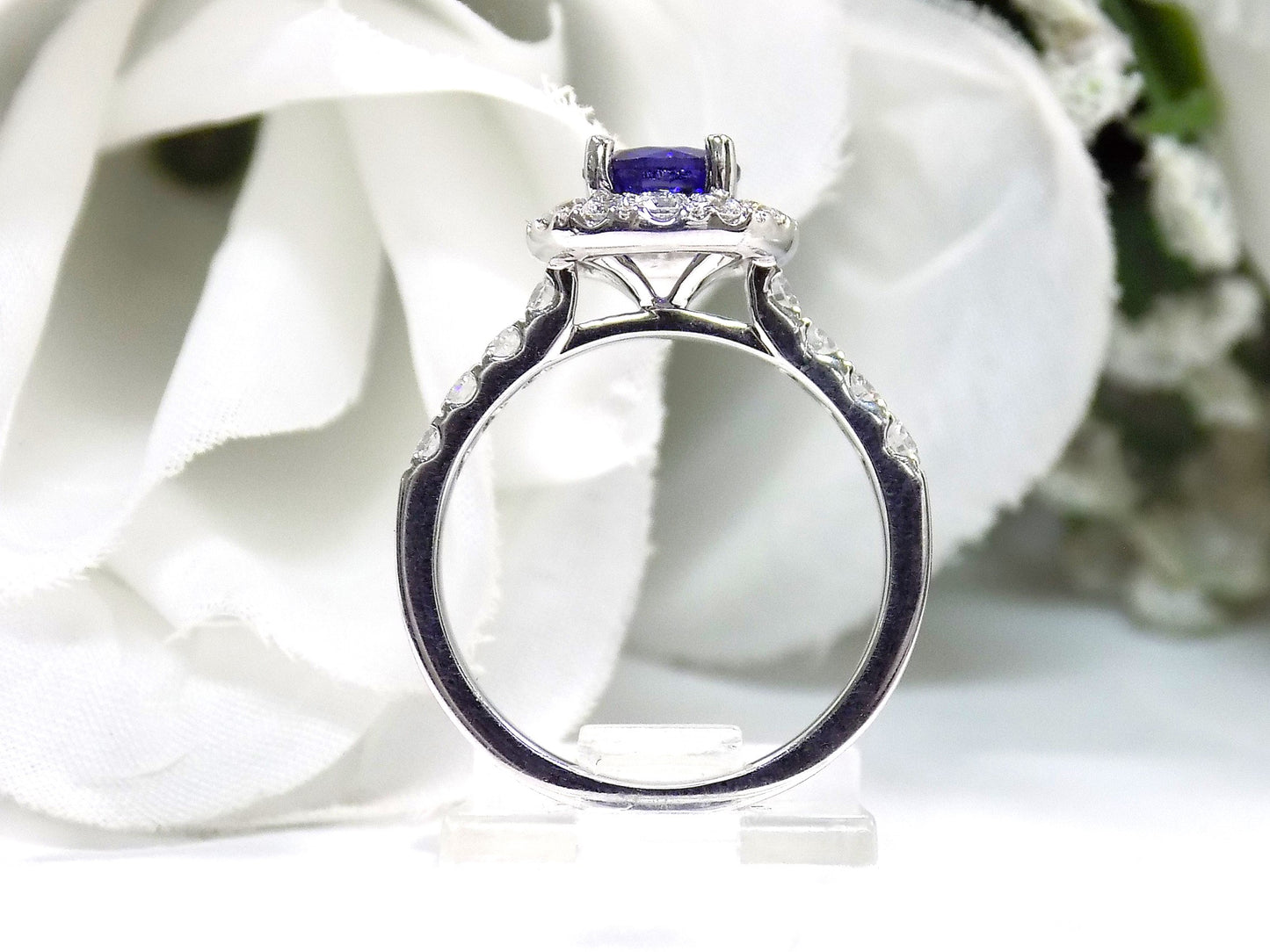 NEW Halo Style Very Fine 1.93ct Natural Round Blue Sapphire & Diamond Ring in 14K White Gold