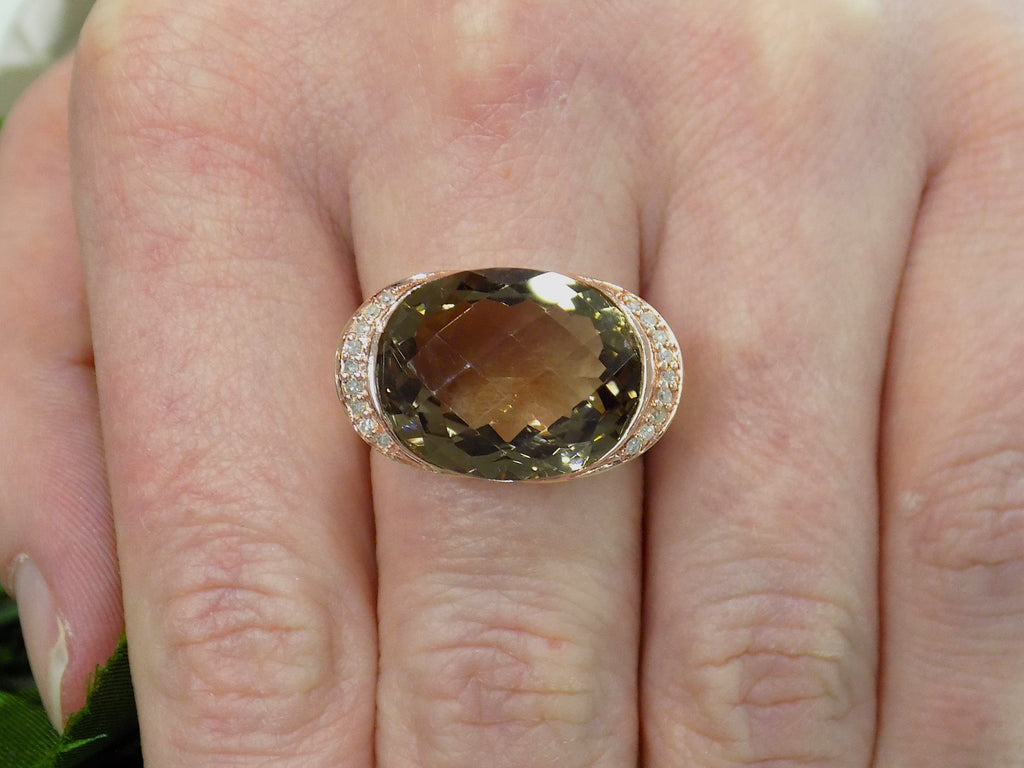 Women's Approx. 13.08ct Natural Fantasy Oval Shape Smoky Topaz or Smoky Quartz & Diamond Ring in 14K ROSE Gold