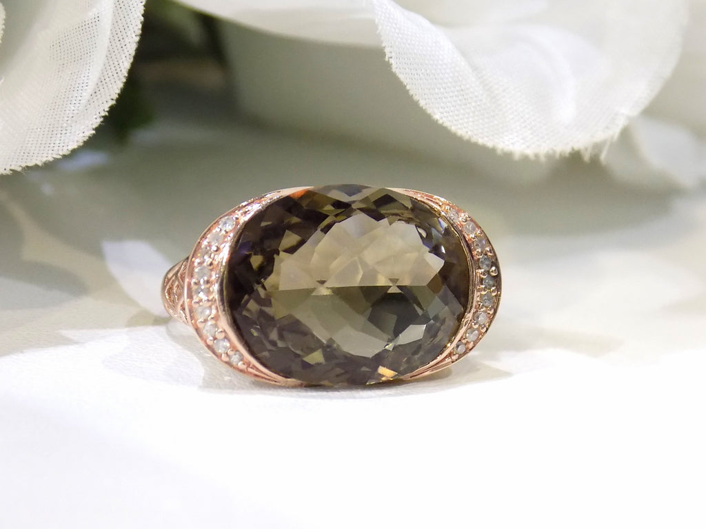 Women's Approx. 13.08ct Natural Fantasy Oval Shape Smoky Topaz or Smoky Quartz & Diamond Ring in 14K ROSE Gold