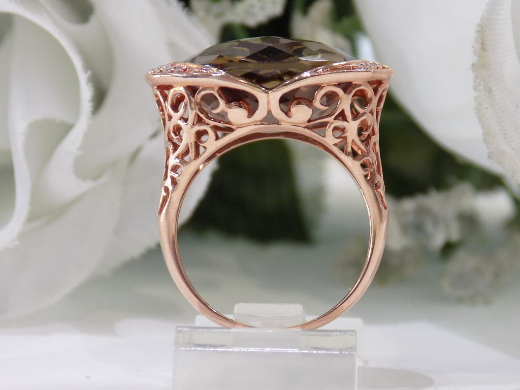 Women's Approx. 13.08ct Natural Fantasy Oval Shape Smoky Topaz or Smoky Quartz & Diamond Ring in 14K ROSE Gold