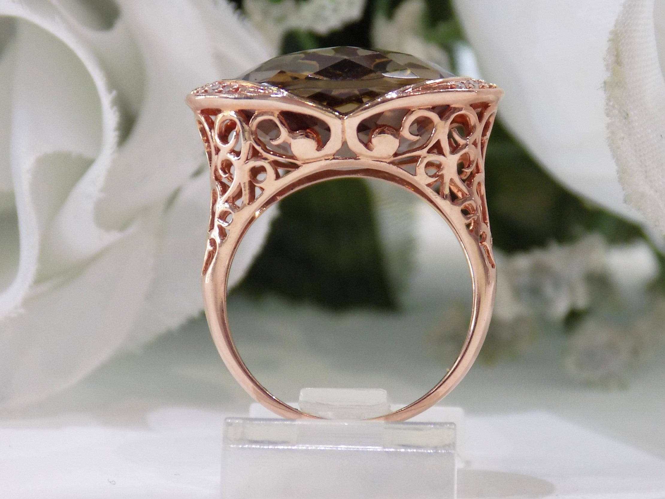 Women's Approx. 13.08ct Natural Fantasy Oval Shape Smoky Topaz or Smoky Quartz & Diamond Ring in 14K ROSE Gold