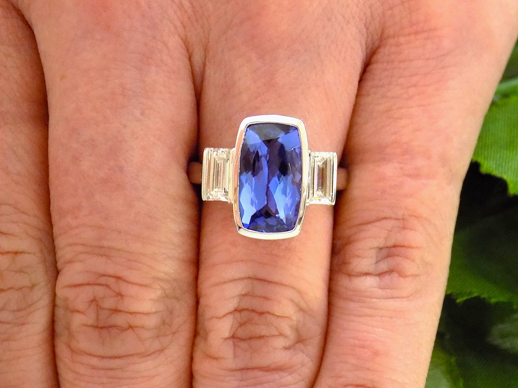 Women's Custom 4.50ct TW Bezel Set Natural Cushion Cut Tanzanite & Baguette Diamond Ring in Solid 14K White Gold