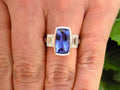 Women's Custom 4.50ct TW Bezel Set Natural Cushion Cut Tanzanite & Baguette Diamond Ring in Solid 14K White Gold