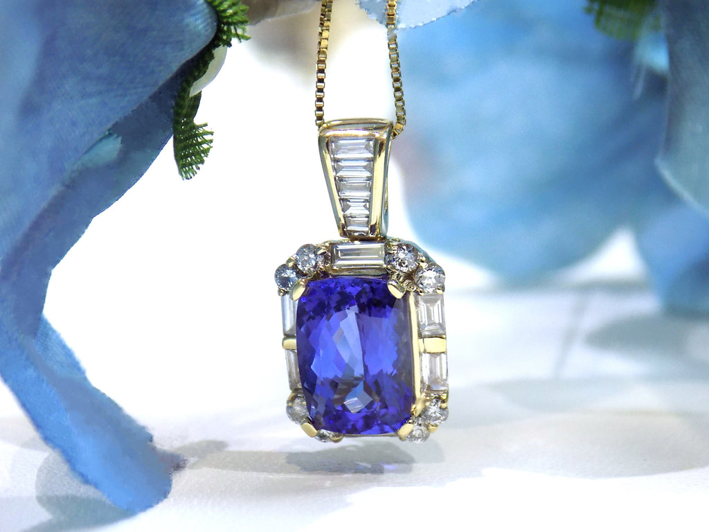 Women's 5.65ct Natural Rectangular Cushion Tanzanite & Diamond Pendant or Necklace in Solid 14K Yellow Gold - Chain Not Included