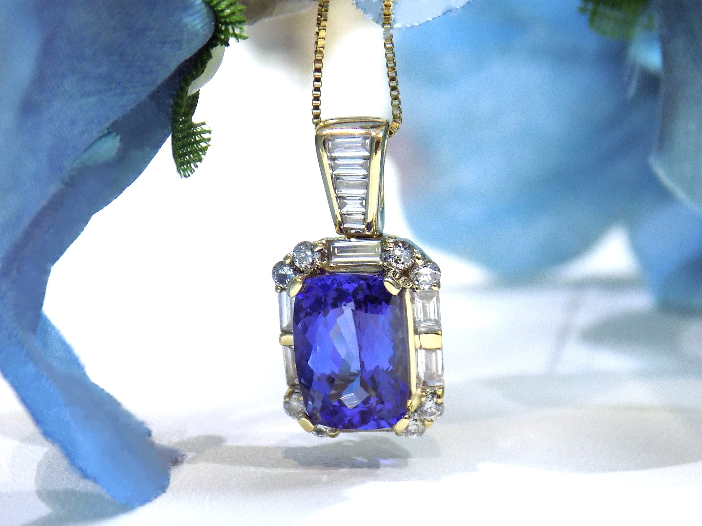 Women's 5.65ct Natural Rectangular Cushion Tanzanite & Diamond Pendant or Necklace in Solid 14K Yellow Gold - Chain Not Included