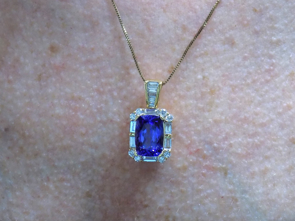 Women's 5.65ct Natural Rectangular Cushion Tanzanite & Diamond Pendant or Necklace in Solid 14K Yellow Gold - Chain Not Included