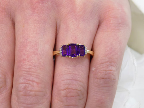 Women's 1.25ct TW 3-Stone Genuine Emerald Cut Amethyst & Diamond Ring in 10K Yellow Gold