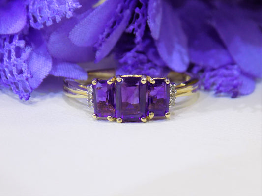 Women's 1.25ct TW 3-Stone Genuine Emerald Cut Amethyst & Diamond Ring in 10K Yellow Gold