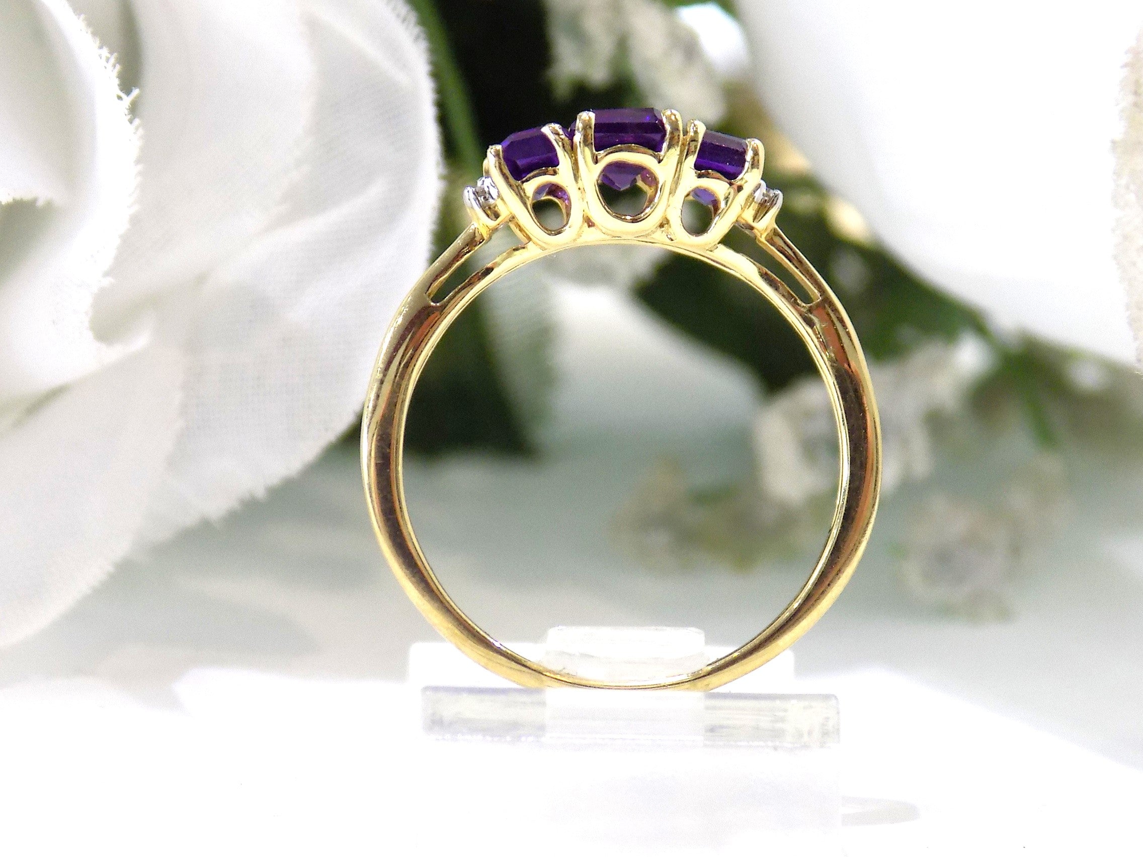 Women's 1.25ct TW 3-Stone Genuine Emerald Cut Amethyst & Diamond Ring in 10K Yellow Gold