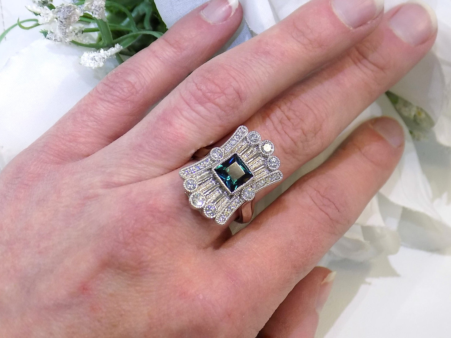 1.78ct Rare Vintage Antique Indicolite Tourmaline & Diamond Ring in 14K White Gold