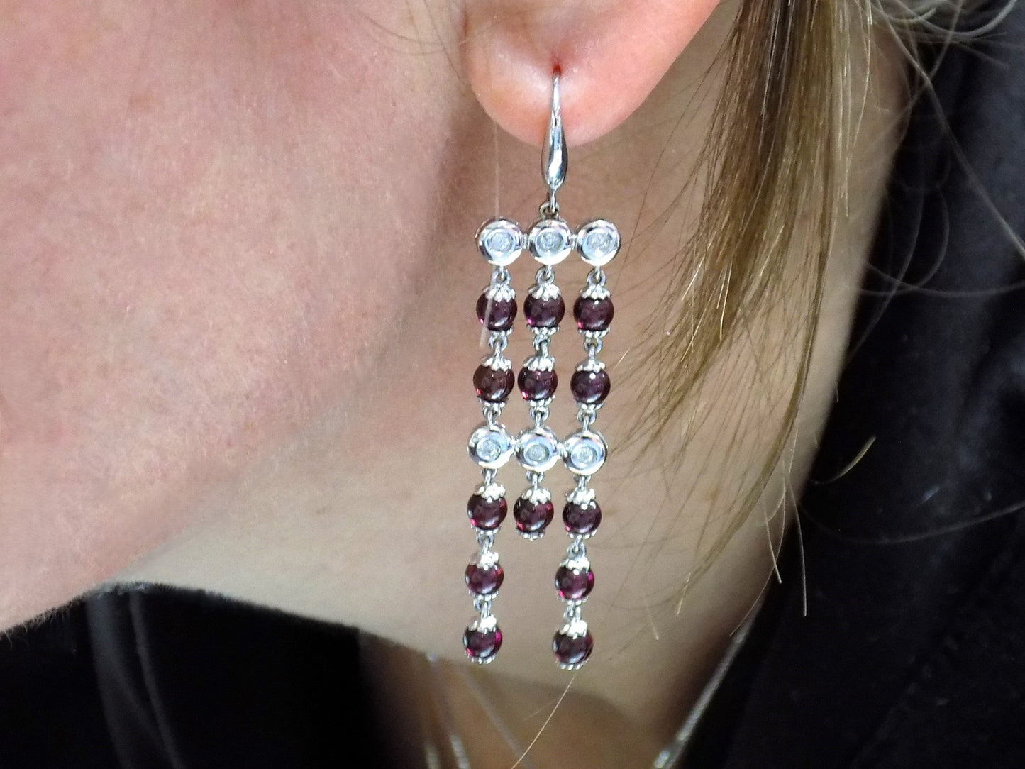 Vintage Natural Rubellite & Diamond Dangle Earrings in 18K White Gold - .24ct in Diamond, Weight of Red Tourmaline Unknown