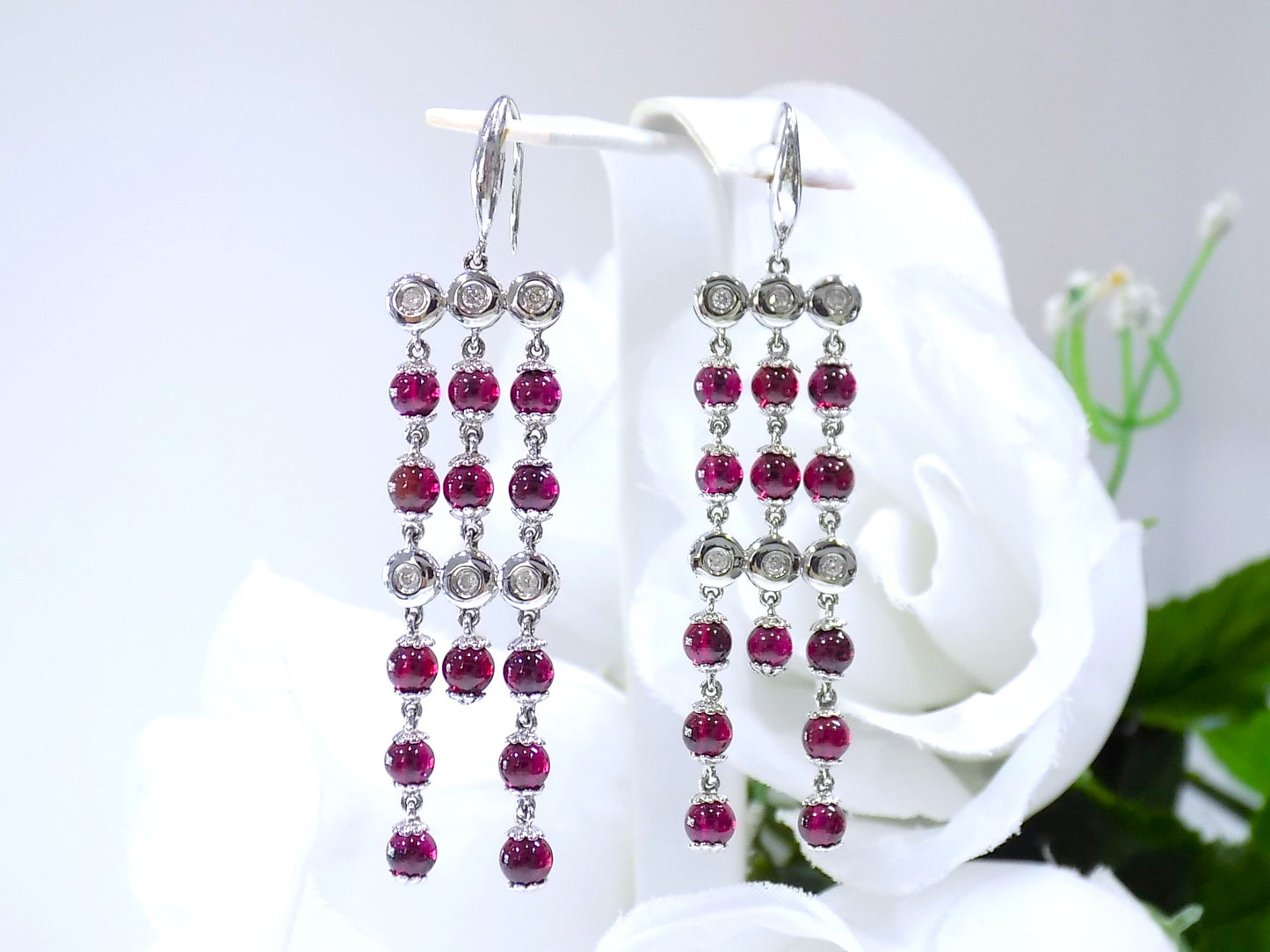 Vintage Natural Rubellite & Diamond Dangle Earrings in 18K White Gold - .24ct in Diamond, Weight of Red Tourmaline Unknown