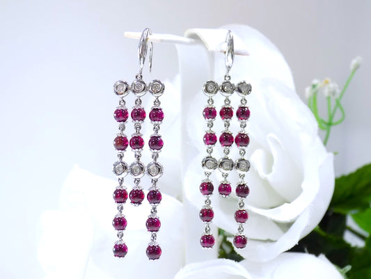Vintage Natural Rubellite & Diamond Dangle Earrings in 18K White Gold - .24ct in Diamond, Weight of Red Tourmaline Unknown