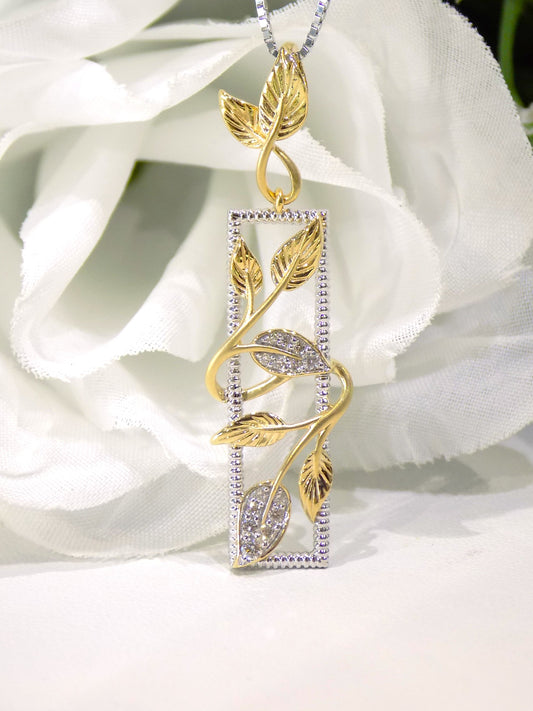 Women's Decorative .12ct Natural Diamond Leaf Designed Pendant or Necklace in 10K Yellow & White 2-Tone Gold