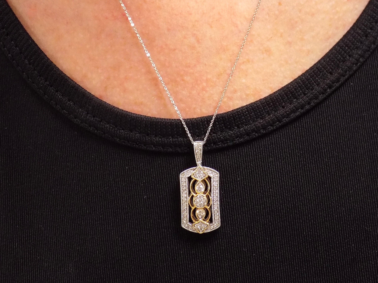 Beautiful Victorian Style .33ct Natural Diamond Pendant in 14K White & Yellow 2-Tone Gold - Chain Not Included