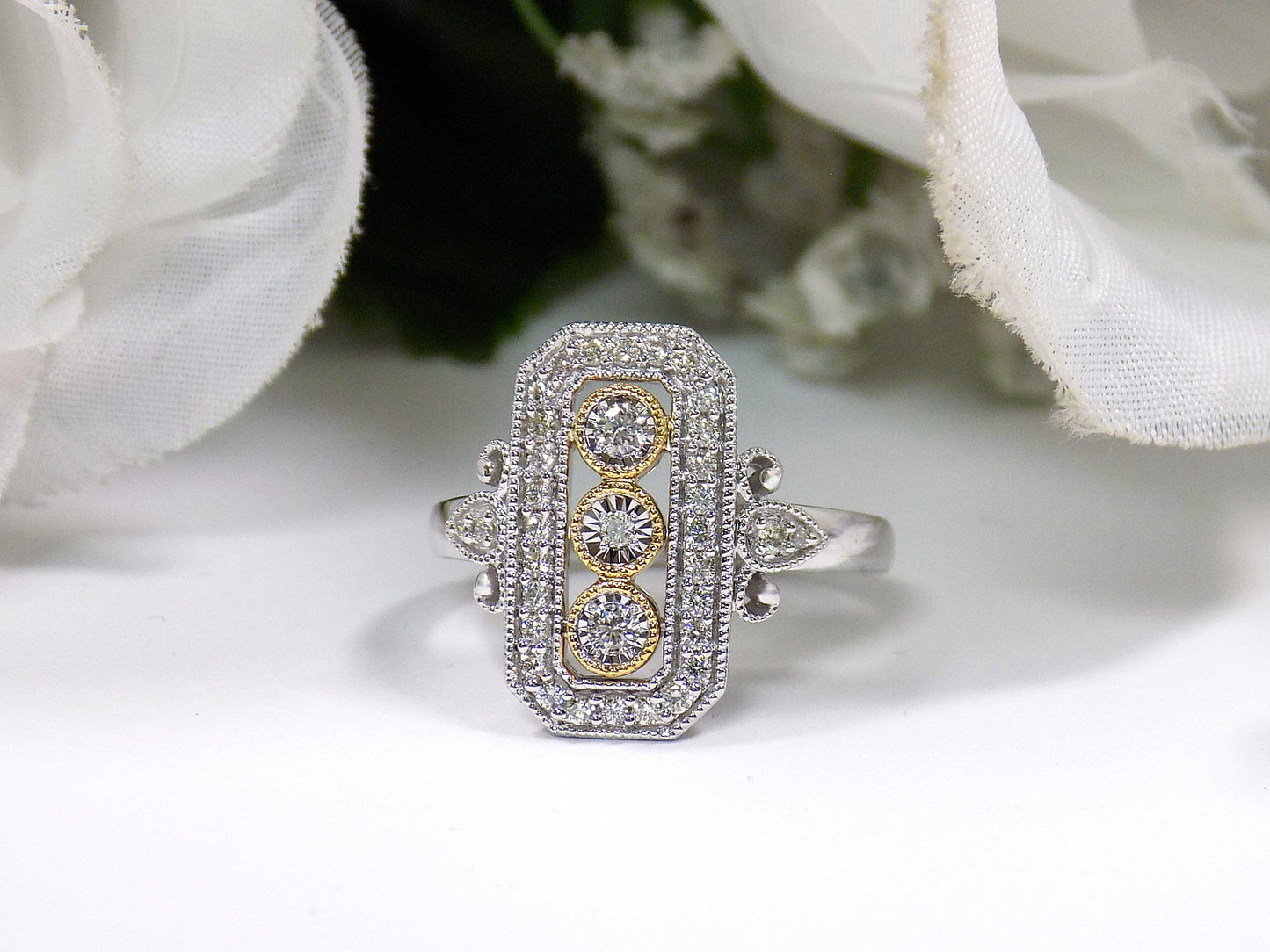 Women's .37ct TW Filigree Style Natural Round Brilliant Diamond Cocktail Ring in Solid 10K White & Yellow 2-Tone Gold