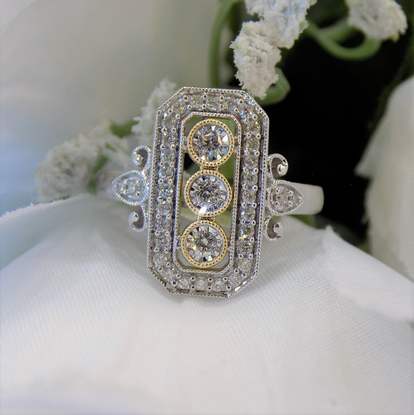 Women's .37ct TW Filigree Style Natural Round Brilliant Diamond Cocktail Ring in Solid 10K White & Yellow 2-Tone Gold