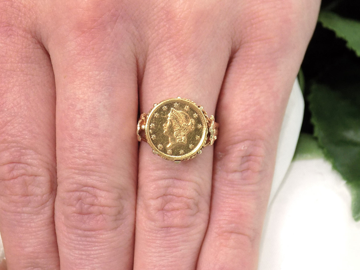 Ladies' 1853 US $1 Gold Coin Ring in 14K Yellow Gold Filigree Style - Coin is 90% Pure Gold