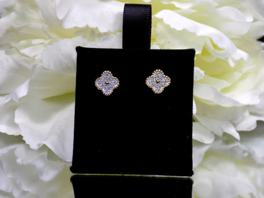 Women's .17ct Total Weight Van Cleef Style Clover Natural Diamond Post Earrings in 10K Yellow & White 2-Tone Gold