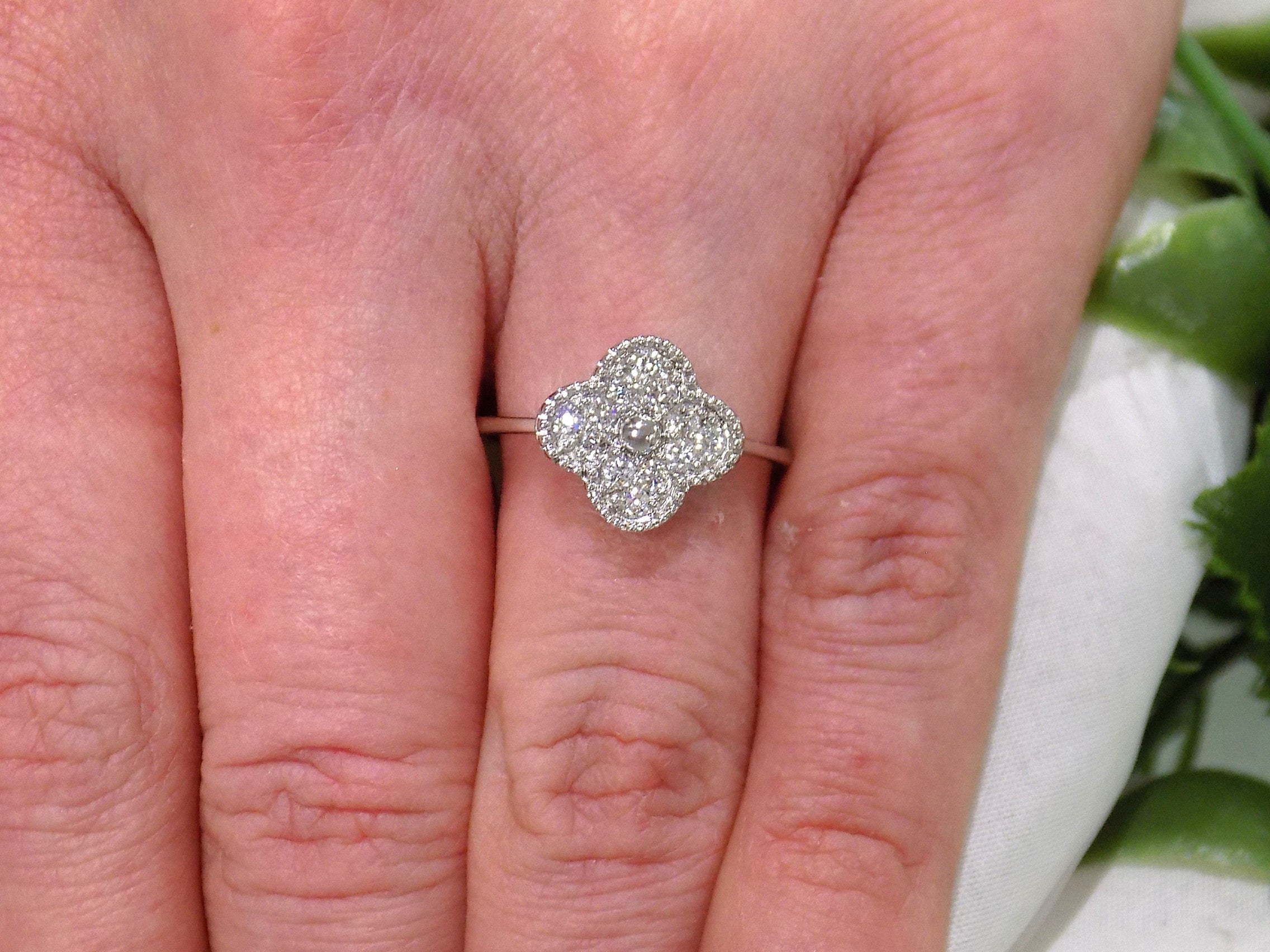 1/3ct (.33ct) TW Van Cleef Clover Styled Natural Diamond Cluster Ring in 10K White Gold