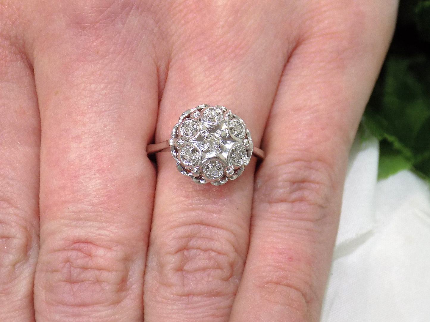 Vintage Traditional Natural Round Diamond Cluster Ring in 14K White Gold - Small .10ct Total - Near New Condition