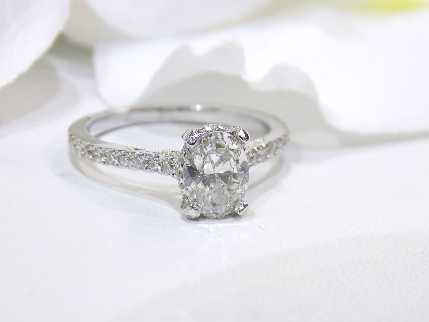 1.29ct TW Natural Oval Shape Diamond Engagement Ring with a 1.00ct Oval Center with Hidden Halo Style Head in 14K White Gold