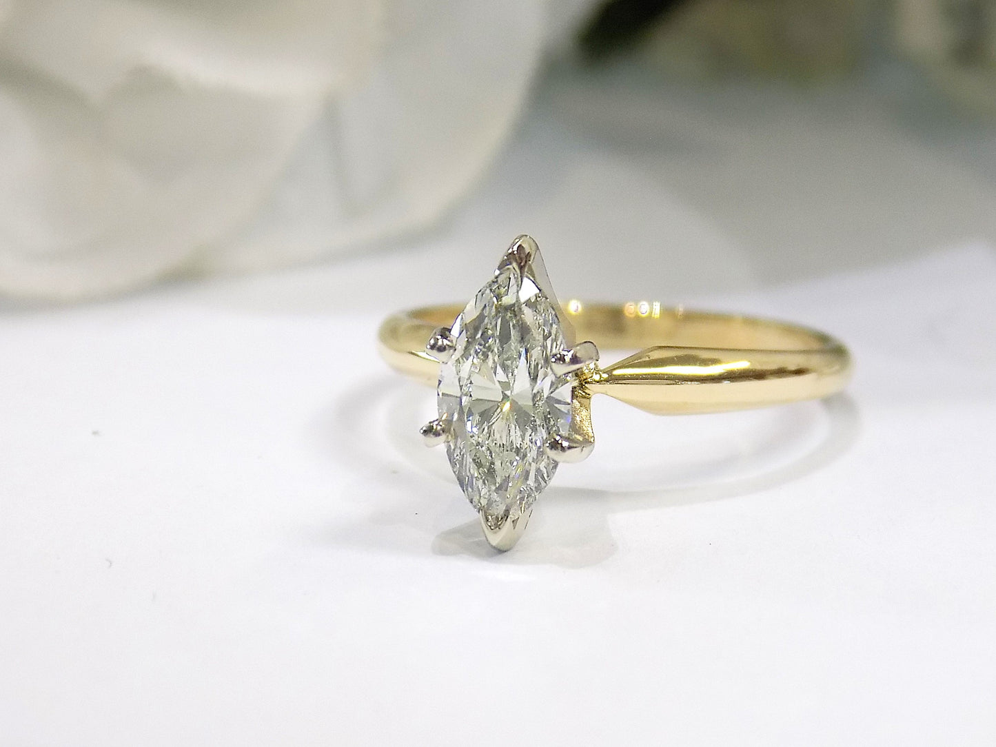 .90ct Natural Marquise Shape Diamond Solitaire (looks like 1ct) in 14K Yellow Gold Tiffany Style Mounting with White Gold Head