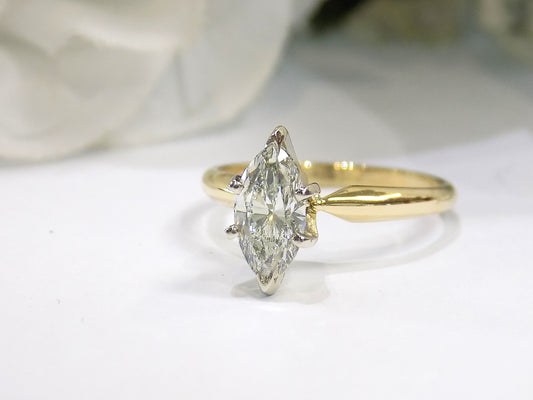 .90ct Natural Marquise Shape Diamond Solitaire (looks like 1ct) in 14K Yellow Gold Tiffany Style Mounting with White Gold Head