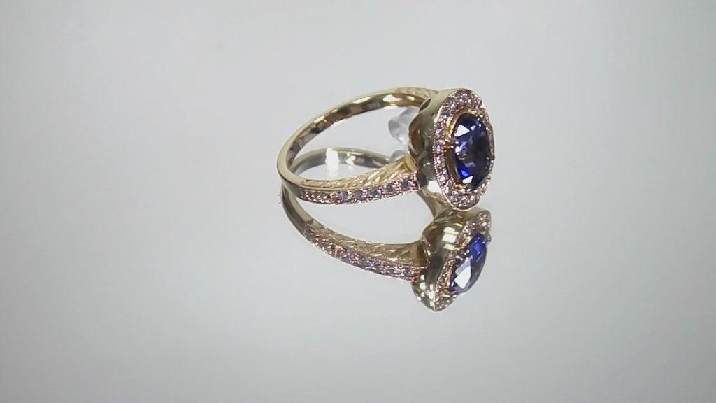 Women's 1.80ct TW Halo Style Genuine Natural Oval Shape Sapphire & Diamond Ring in 14K Yellow Gold
