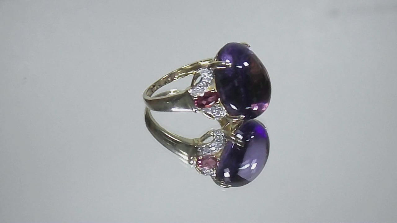 Women's 11.56ct Natural Oval Shape Cabochon Amethyst with Pink Tourmaline & Diamond Accents in 10K