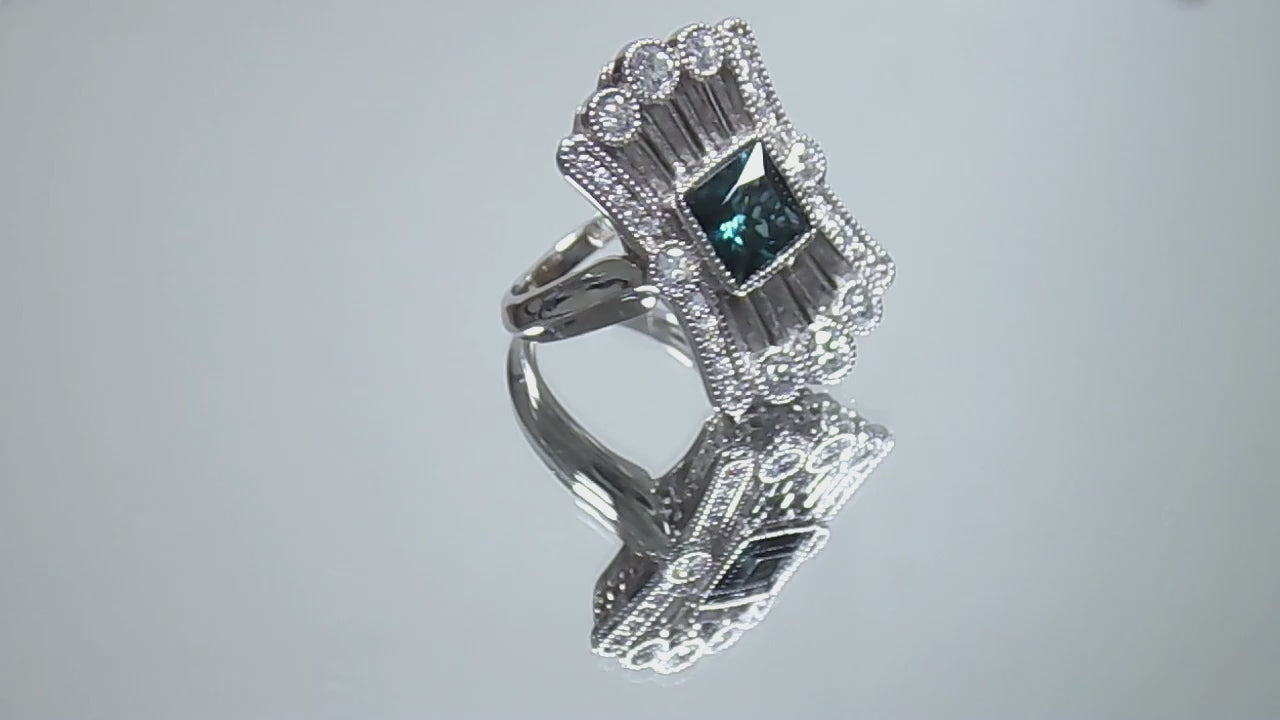 1.78ct Rare Vintage Custom Made Indicolite Tourmaline & Diamond Ring in 14K White Gold - Very Victorian Style - Like Brand NEW!