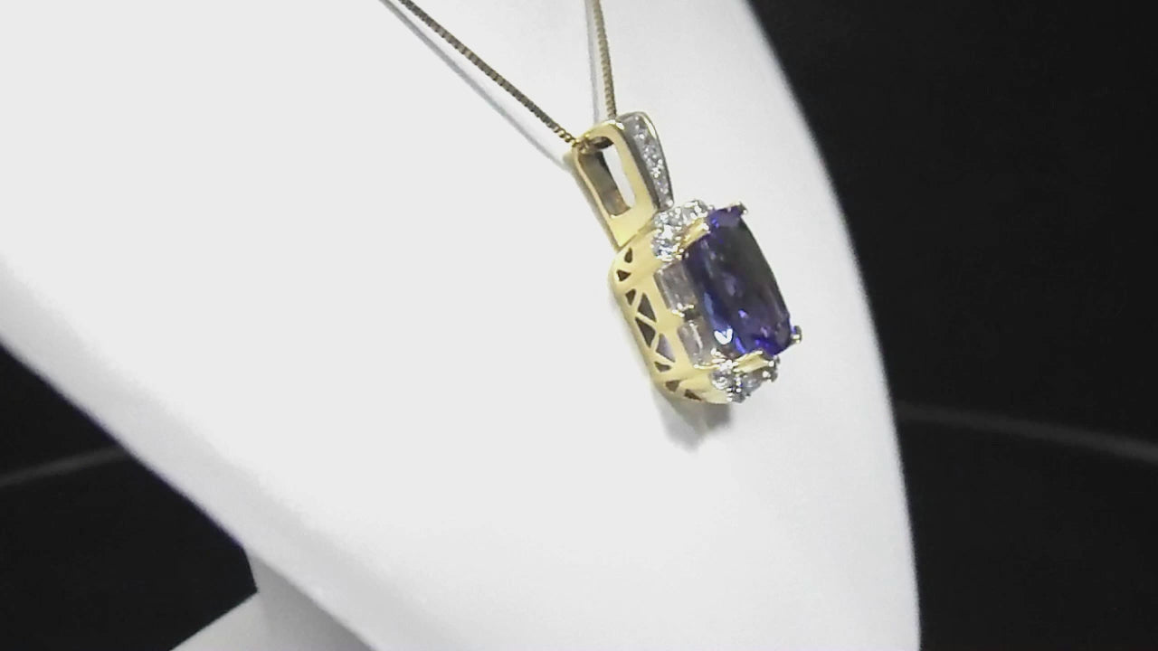 Women's 5.65ct Natural Rectangular Cushion Tanzanite & Diamond Pendant or Necklace in Solid 14K Yellow Gold - Chain Not Included