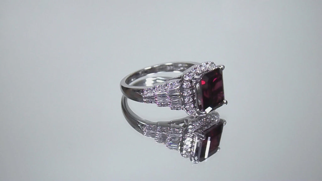 Women's 3.95ct TW Natural Emerald Cut Rhodalite Garnet Ring with Natural Diamond Accents in 14K White Gold