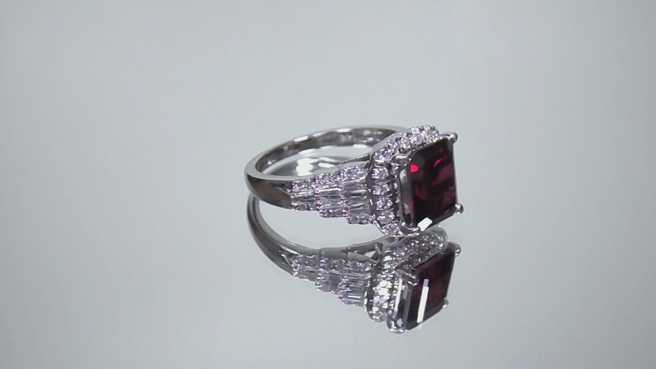 Women's 3.95ct TW Natural Emerald Cut Rhodalite Garnet Ring with Natural Diamond Accents in 14K White Gold