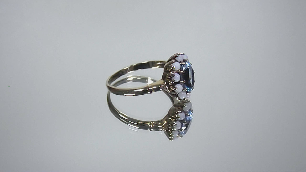 ESTATE Women's 2ct TW Natural Oval Shape Blue Topaz & Opal Ring in Solid 10K Yellow Gold