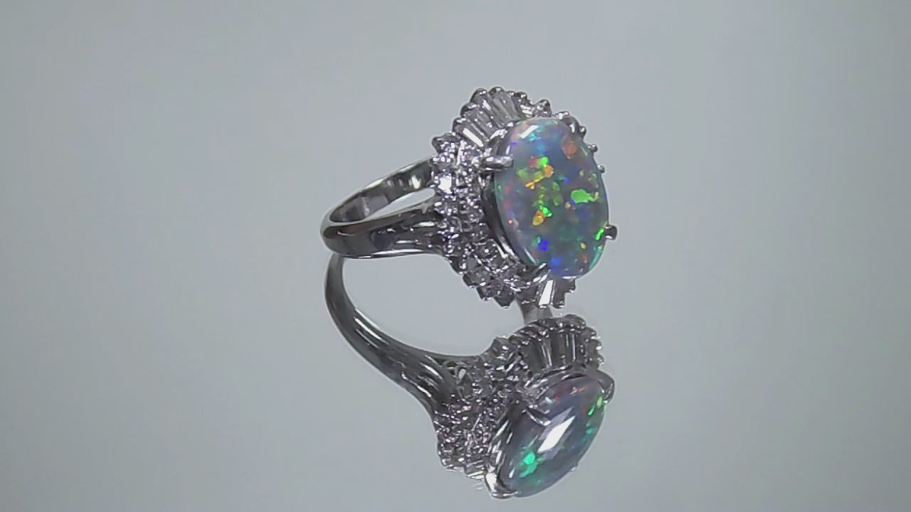 3.32ct TW Genuine Natural Opal from Lightning Ridge Australia with Natural Baguette & Round Diamond Accents in 14K White Gold