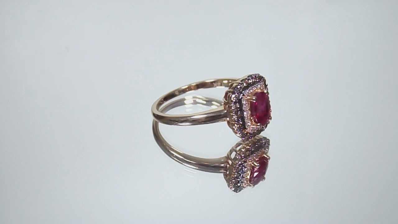 Women's EFFY 1.00ct TW Natural Oval Shape Ruby with Chocolate & White Diamond Ring in Solid 14K Rose Gold