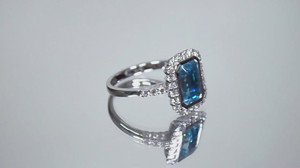 Women's 3.84ct TW Natural Emerald Cut Blue Zircon & Diamond Ring in Solid 14K White Gold