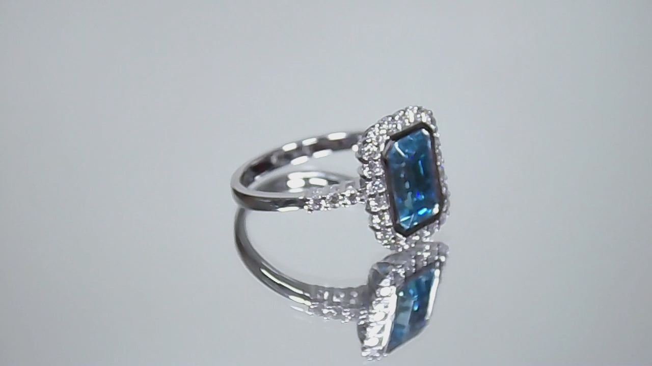 Women's 3.84ct TW Natural Emerald Cut Blue Zircon & Diamond Ring in Solid 14K White Gold