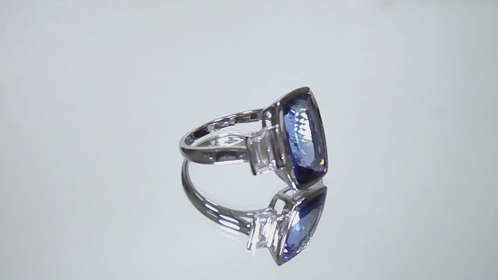 Women's Custom 4.50ct TW Bezel Set Natural Cushion Cut Tanzanite & Baguette Diamond Ring in Solid 14K White Gold