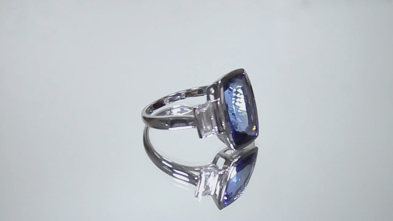 Women's Custom 4.50ct TW Bezel Set Natural Cushion Cut Tanzanite & Baguette Diamond Ring in Solid 14K White Gold