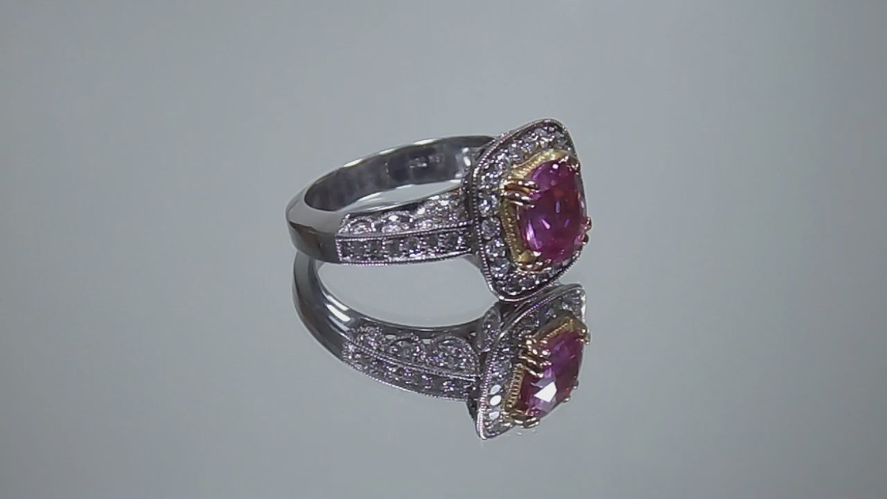 NEW Very Fine 3.07ct TW Natural Cushion/Oval Cut Pink Sapphire & Diamond Ring in 18K White & Yellow Gold 2-Tone