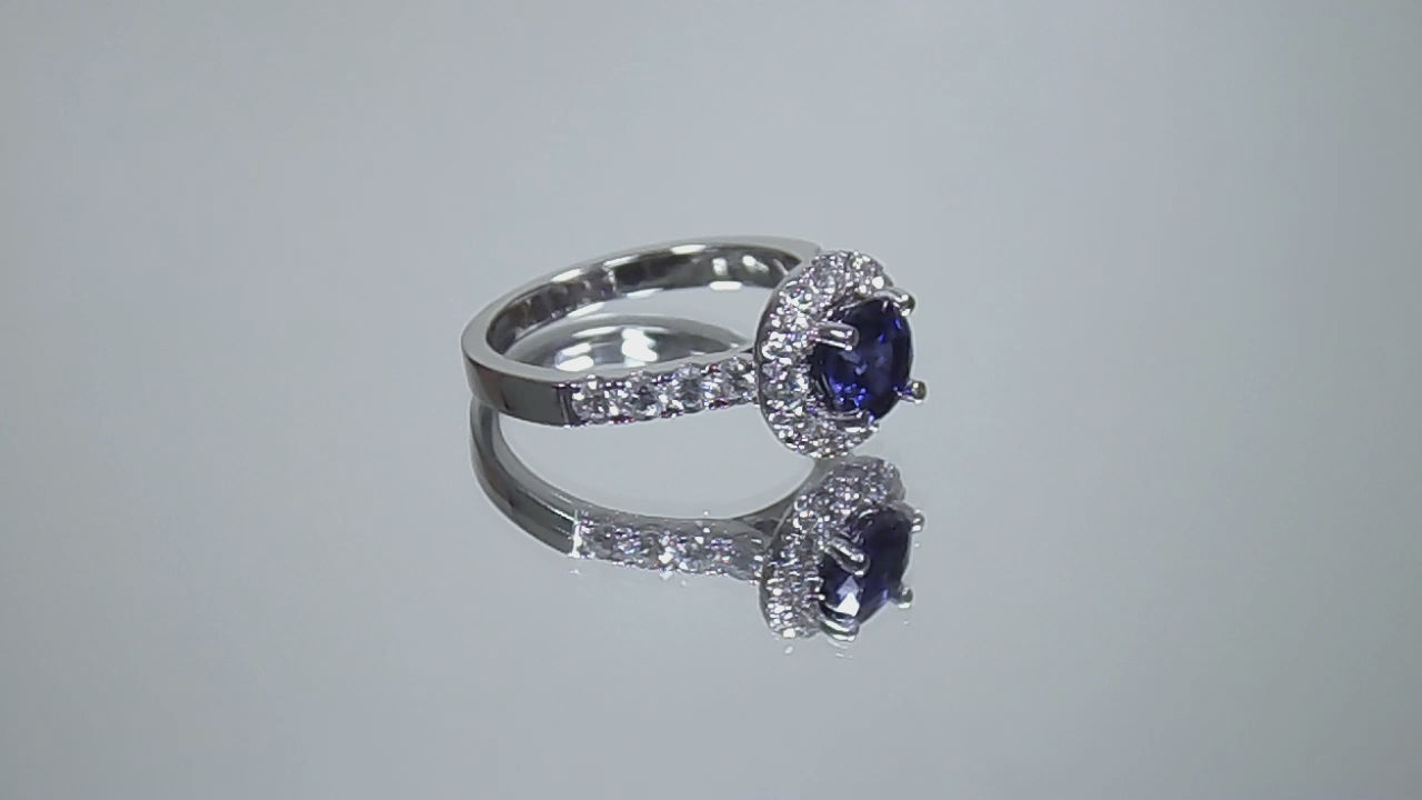 NEW Halo Style Very Fine 1.93ct Natural Round Blue Sapphire & Diamond Ring in 14K White Gold