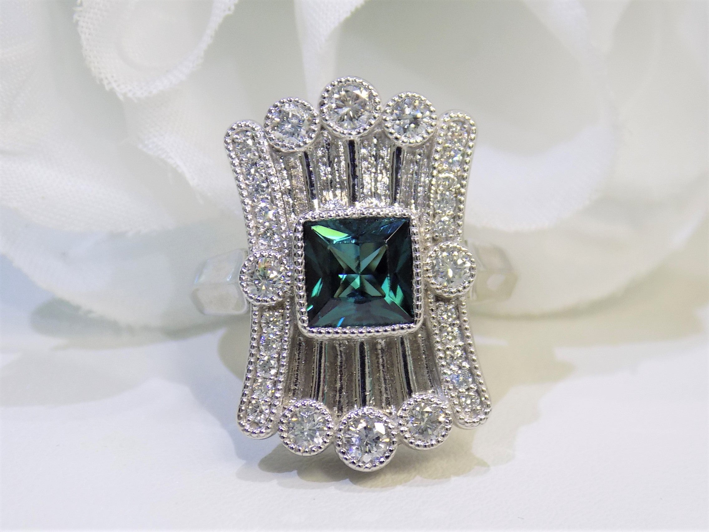 1.78ct Rare Vintage Custom Made Indicolite Tourmaline & Diamond Ring in 14K White Gold - Very Victorian Style - Like Brand NEW!