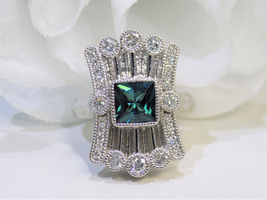 1.78ct Rare Vintage Antique Indicolite Tourmaline & Diamond Ring in 14K White Gold